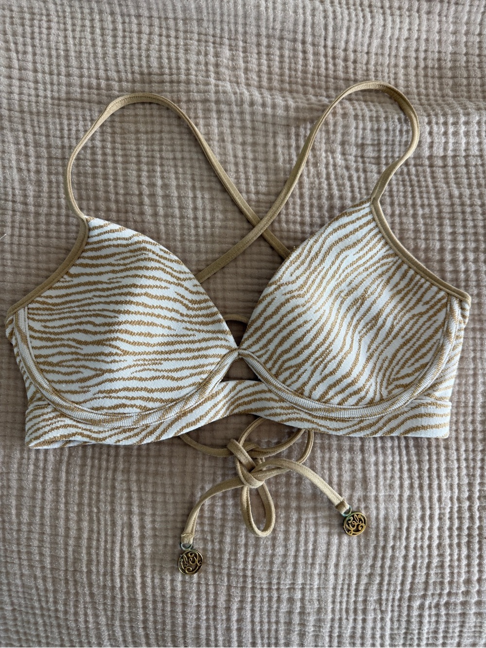 Luli Fama White and Gold Zebra-Print Bikini Top